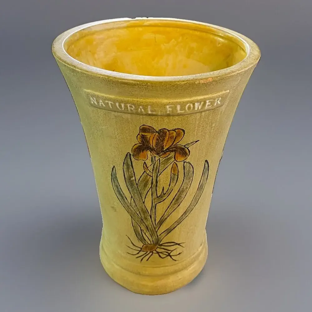 Butter Yellow Rustic Art Pottery Vase Natural Flower Handpainted Iris 8